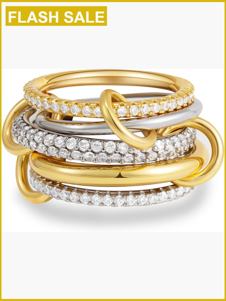 Gold Stackable Rings Set - 6 Rings Mixed Metals With Cz